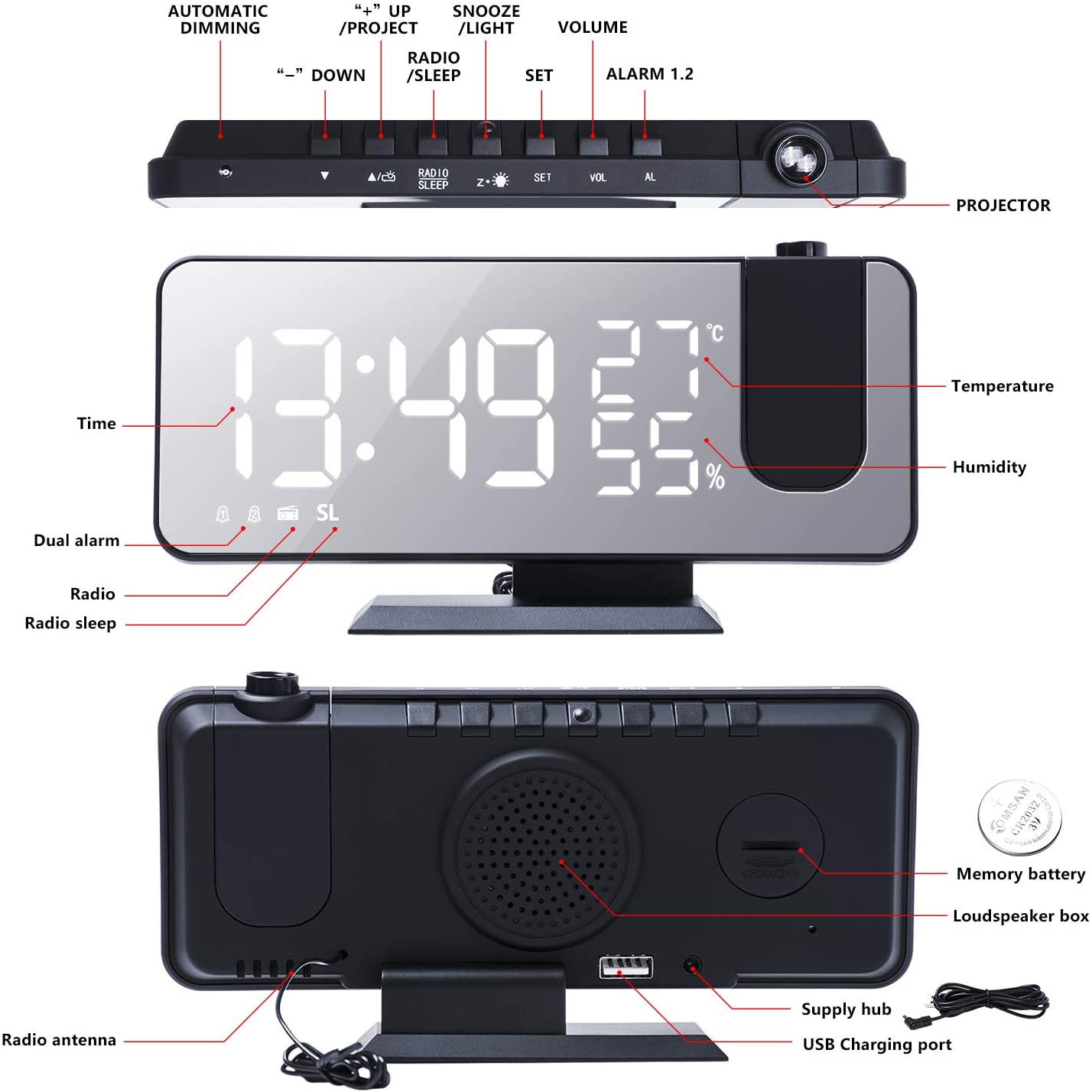 LED Projection Digital Alarm Clock Phone Charger - GreenEnvy