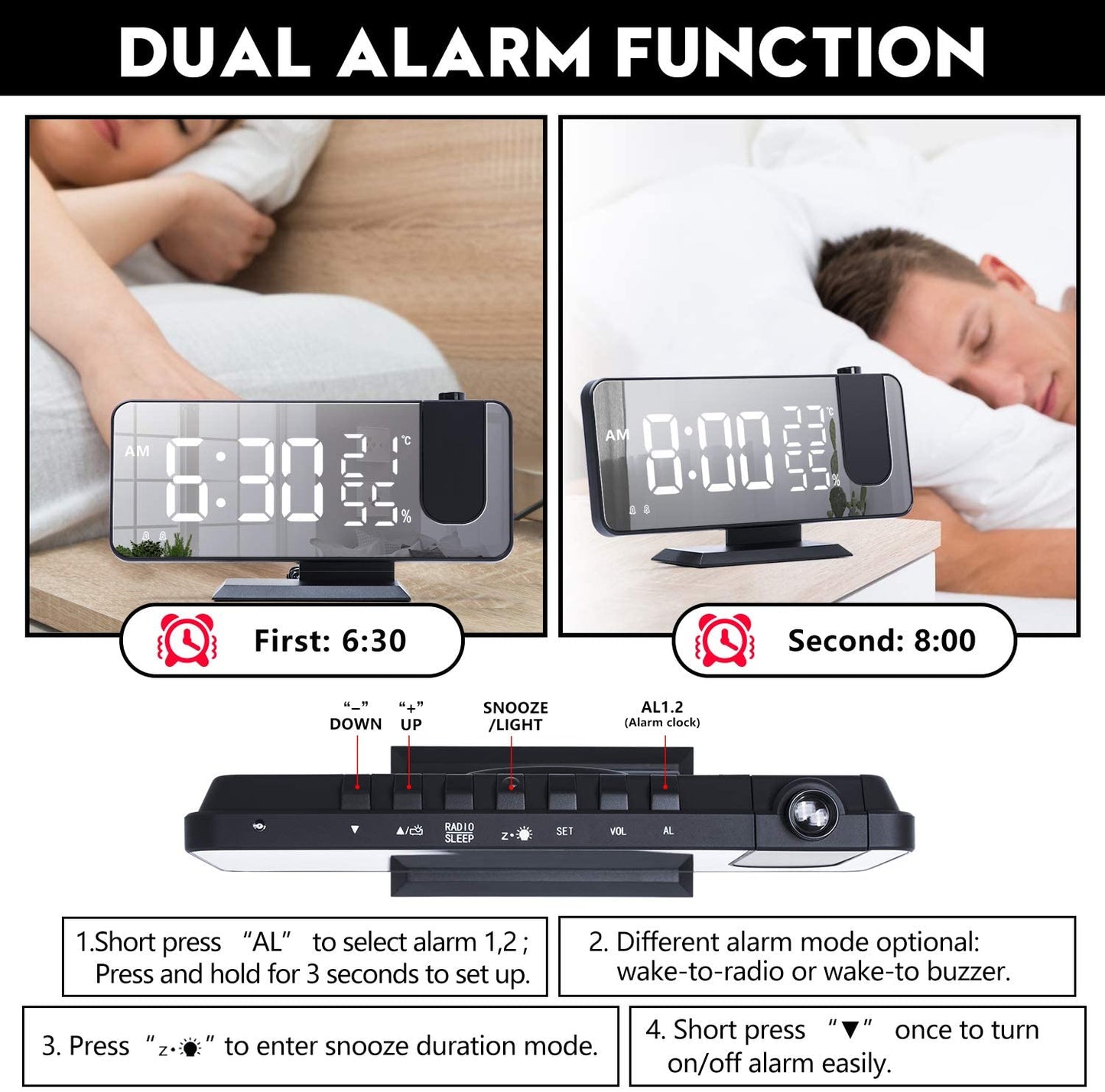 LED Projection Digital Alarm Clock Phone Charger - GreenEnvy